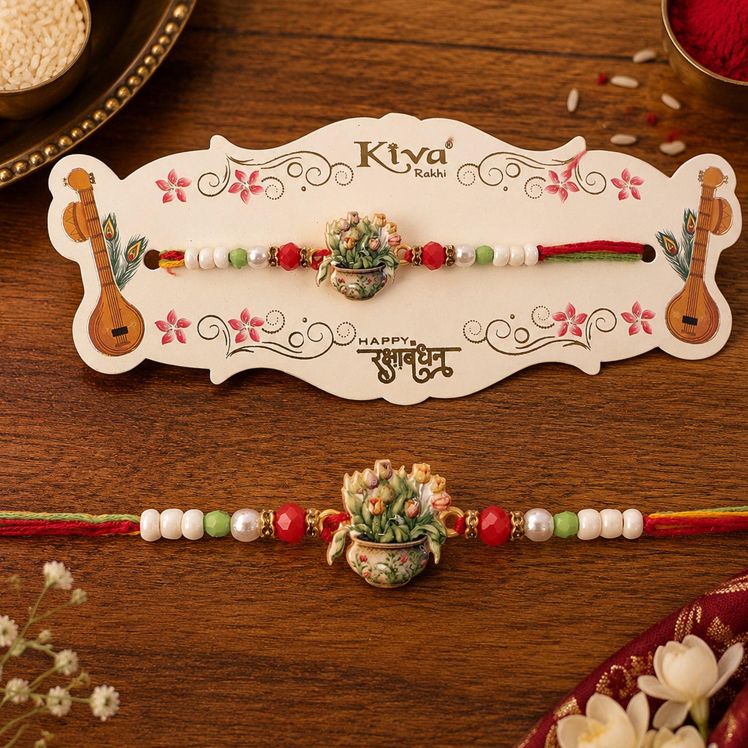 Auspicious Floral Kalash Devotional Rakhi for Brother with Beads Gift