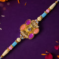 Premium Rakhi with Multicolor Floral Medallion, bead line and chain look for Gift Use