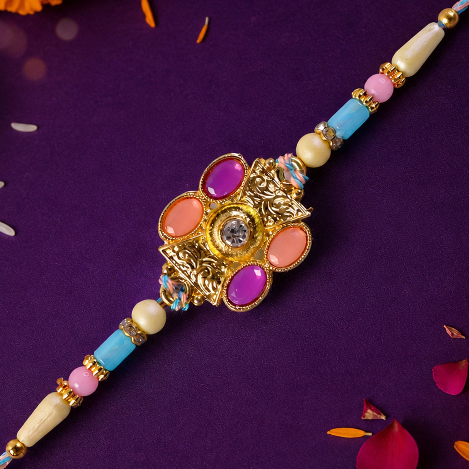 Premium Rakhi with Multicolor Floral Medallion, bead line and chain look for Gift Use