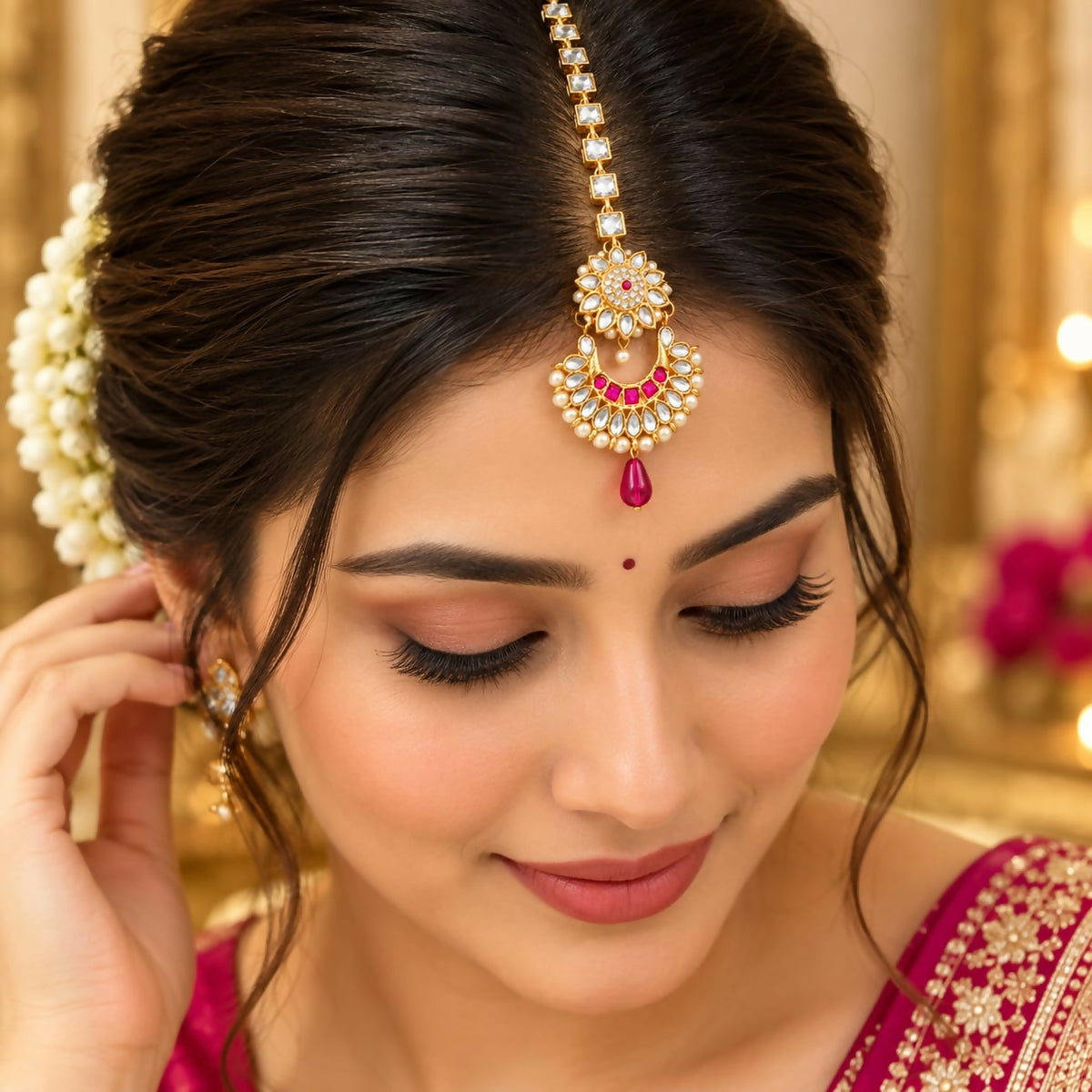 A woman with dark hair wears a gold maang tikka featuring clear and pink stones, small pearls, and a fuchsia teardrop
