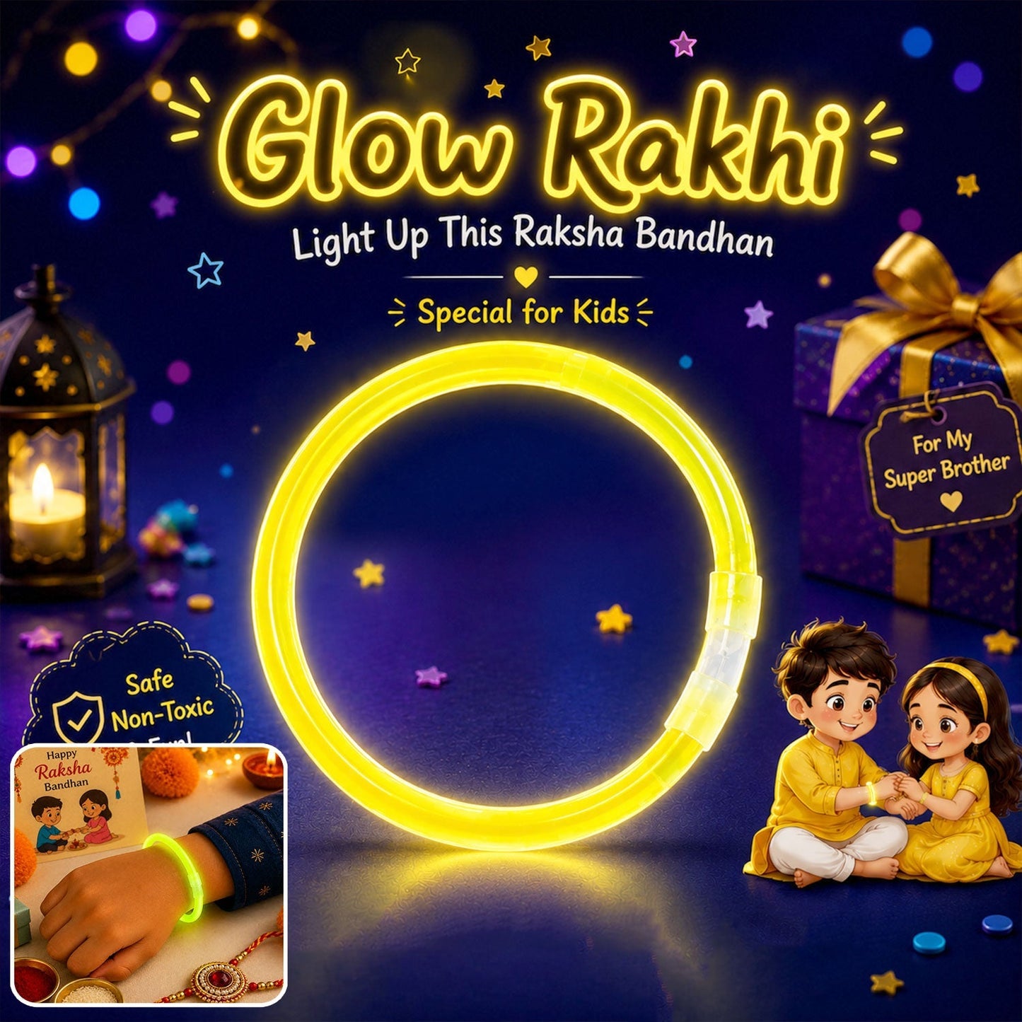 Yellow Neon Glow Band Rakhi with Choco Magic, Pack of 3