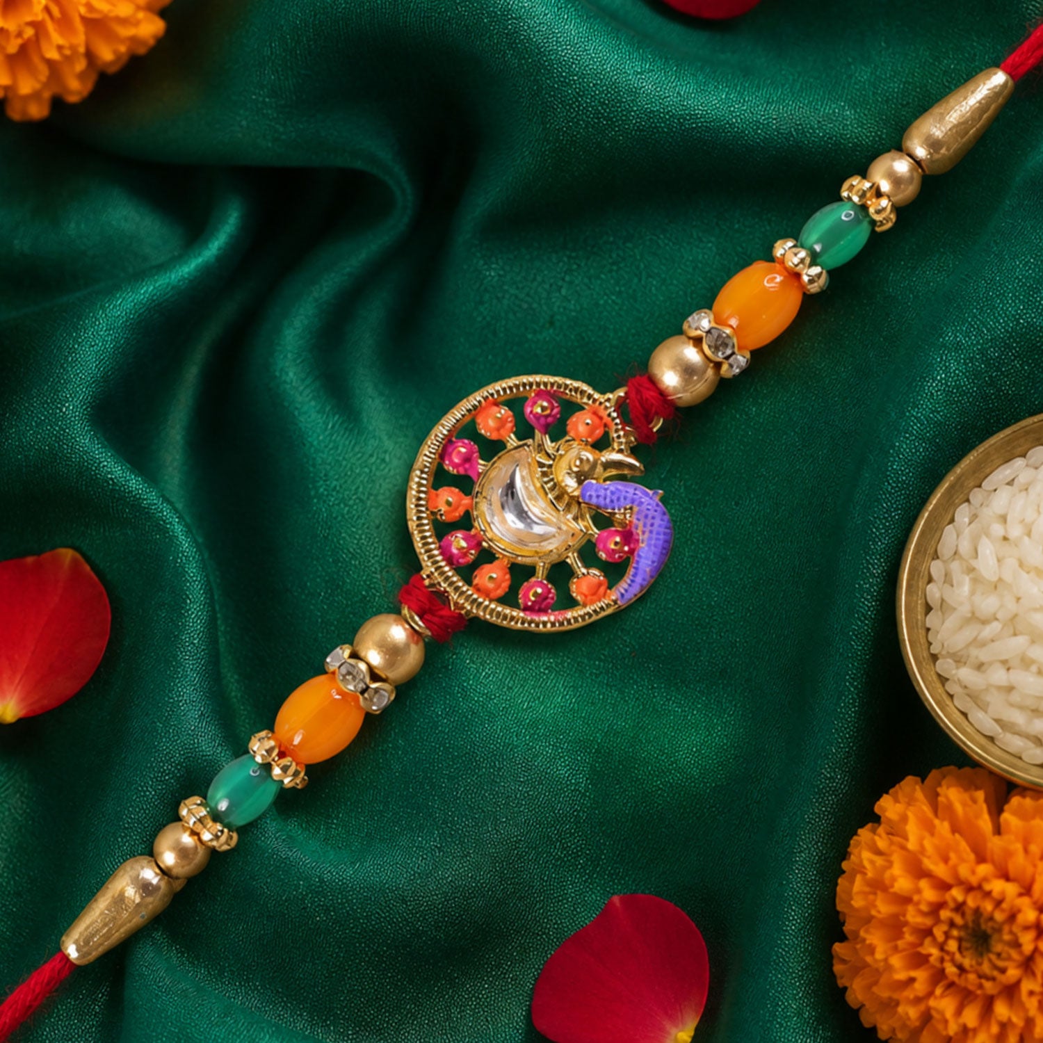 Traditional Rakhi with Round Sacred Medallion, gold trims and chain look for Gift Use