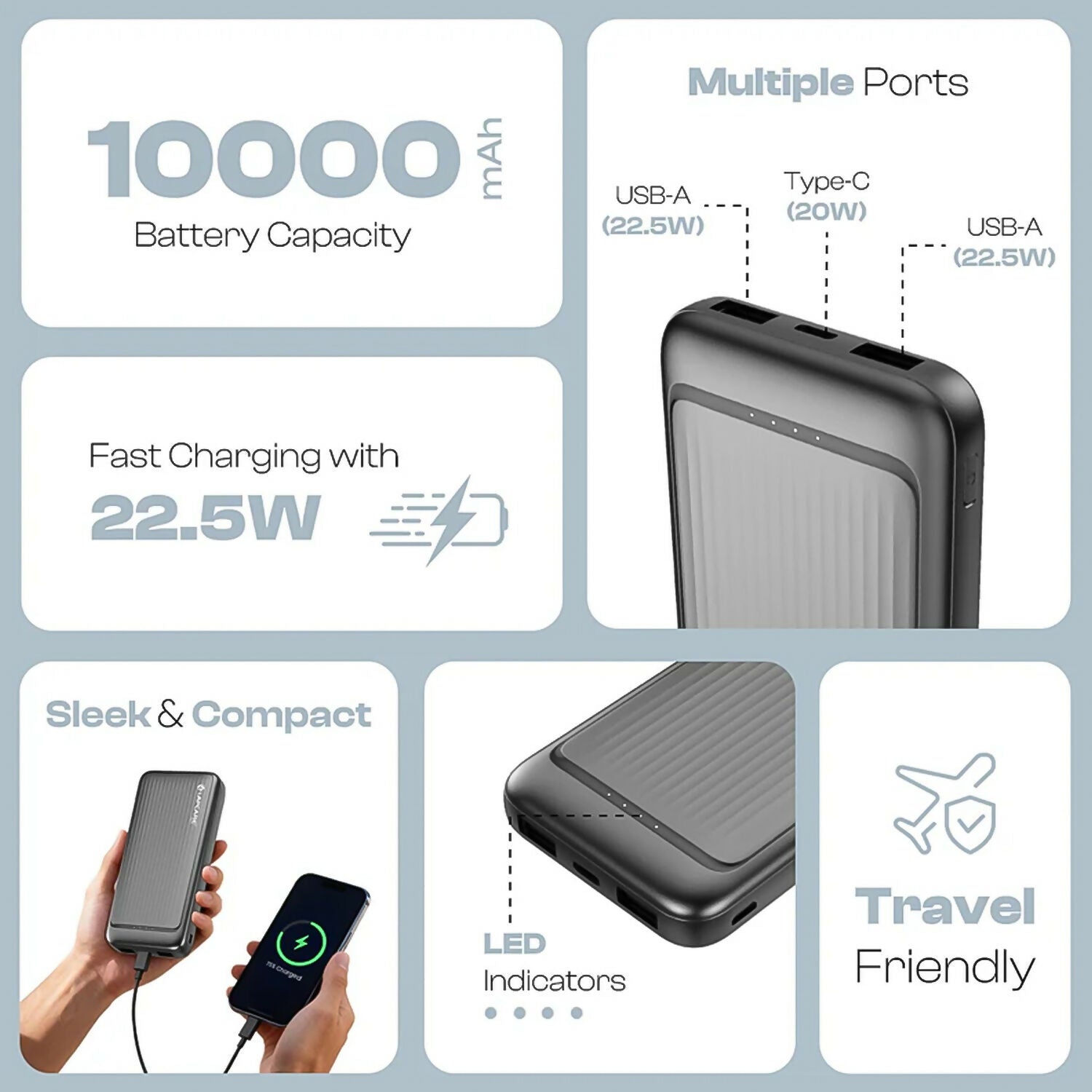Lapcare 10000mAh Portable Power Bank with Dual USB Output and LED Indicator