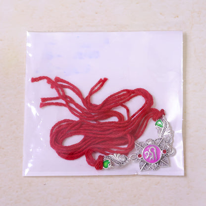 Silver-Toned Shree Rakhi with Pink Enamel, Crystal Accents & Designer Red Thread