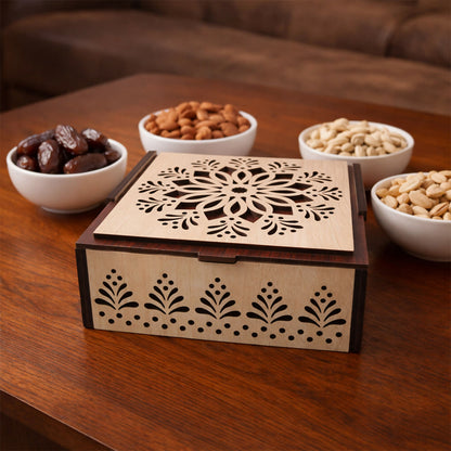 Elegant 4 Section Wooden Dry Fruit Storage Box with Laser Cut Designer Lid