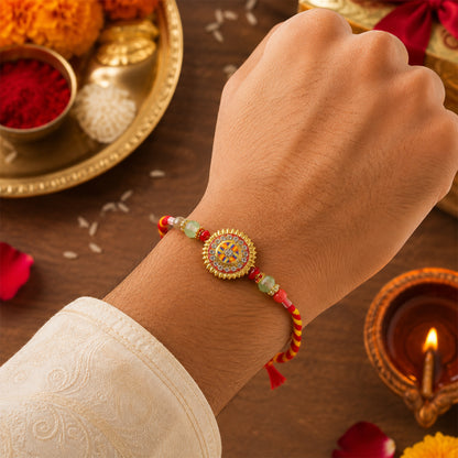 Round Mandala Stone Bhai Bhabhi Lumba Rakhi with Pearl Chain Detail