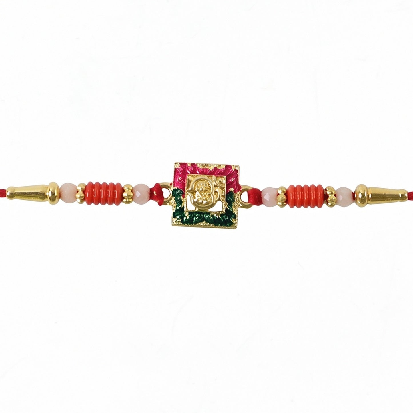 Side angle of designer rakhi highlighting intricate bead details