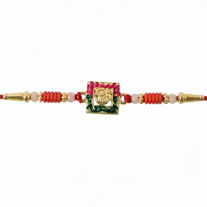 Side angle of designer rakhi highlighting intricate bead details
