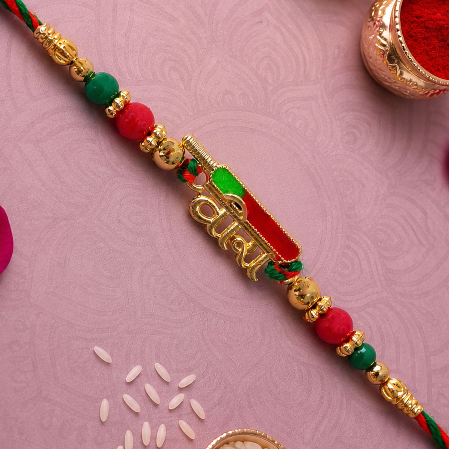 Premium Rakhi showcasing Bhai Text Plaque, clean frame and wrist look for Gift Use