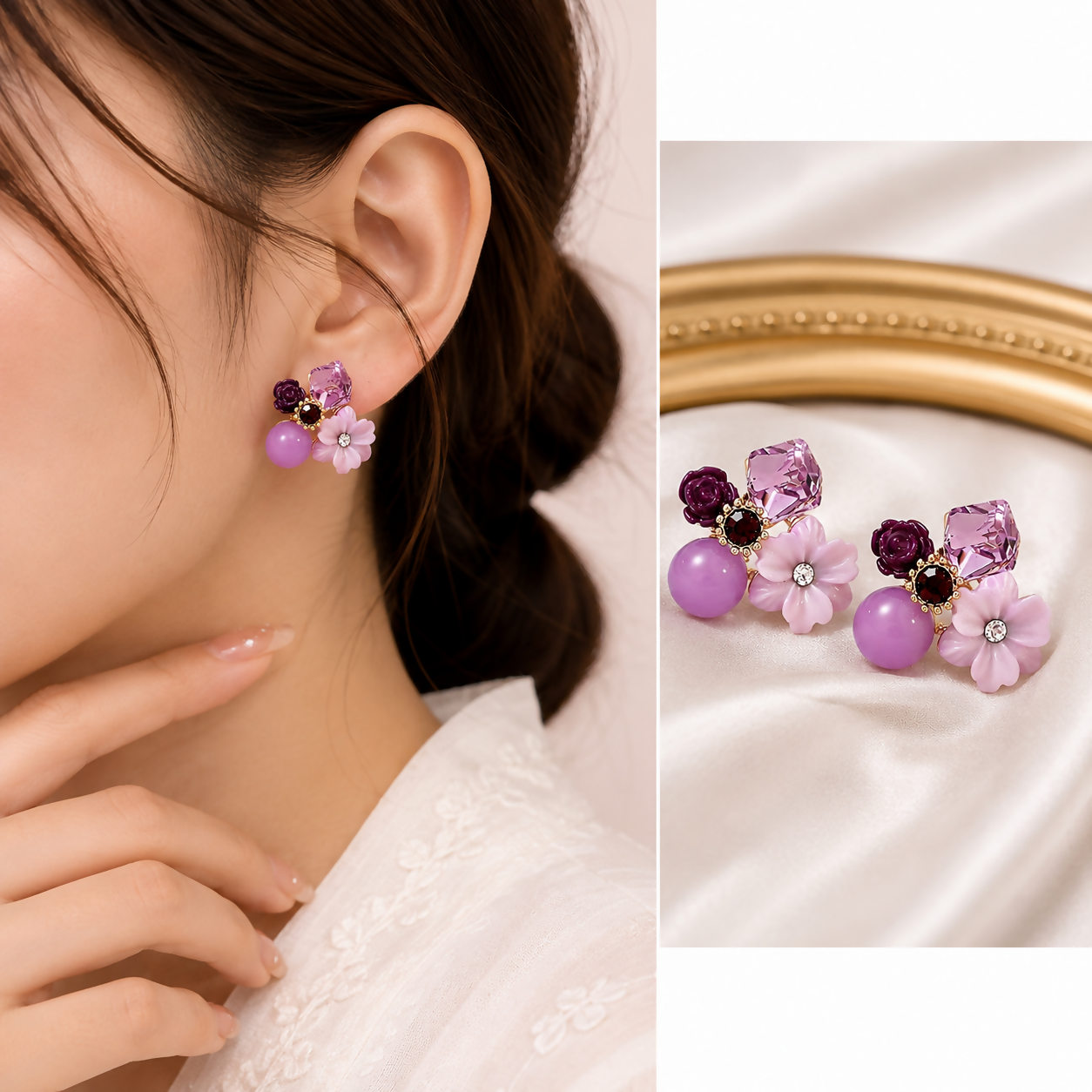 Premium Korean Floral Crystal Stud Earrings for Women Purple Flower Pearl Design feature detail for festive gifting jewellery