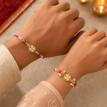 White Heart Floral Couple Rakhi Set with Crystal Beads and Pearl Lumba Charm Design