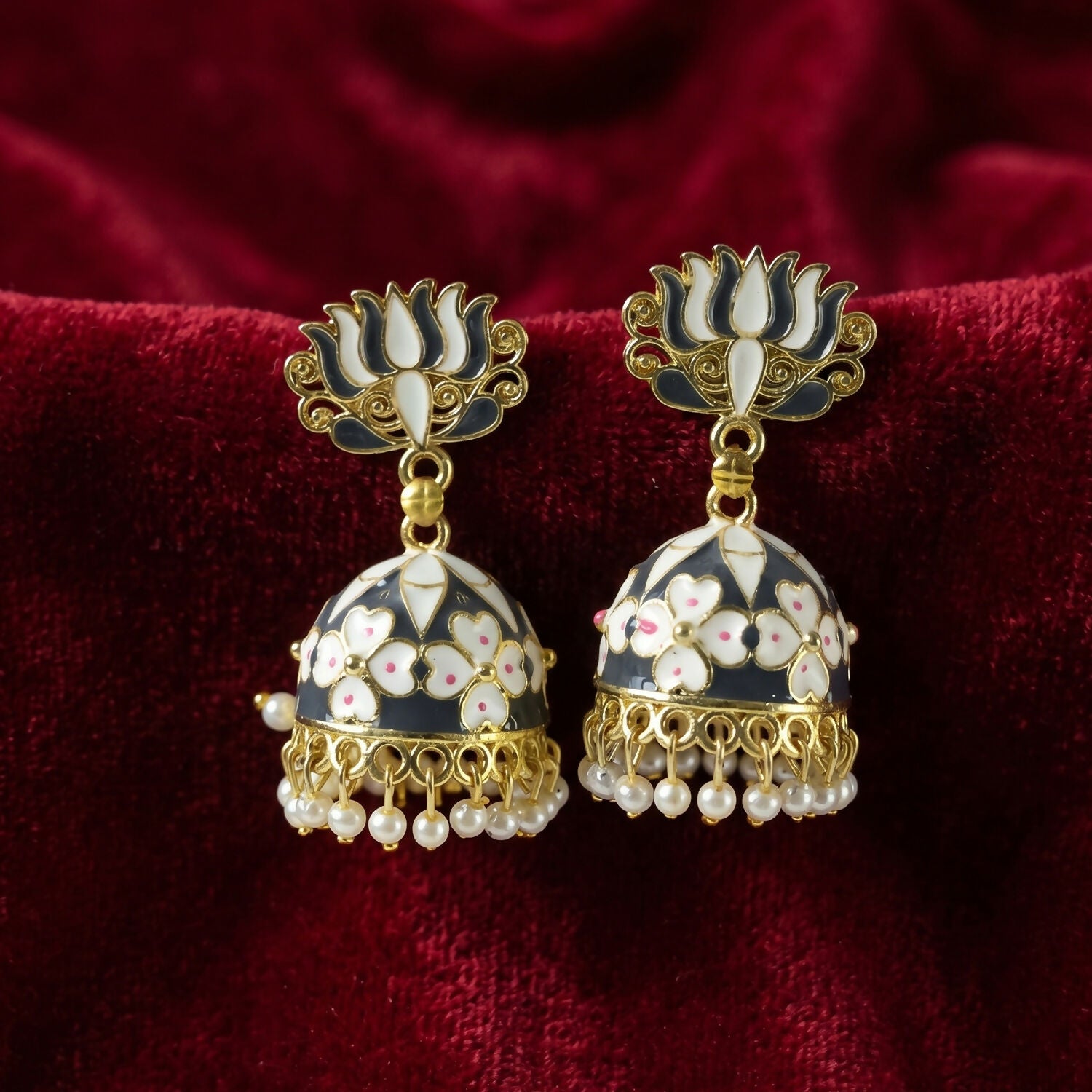 Grey Lotus Jhumka Earrings with Pearl Beads for Women
