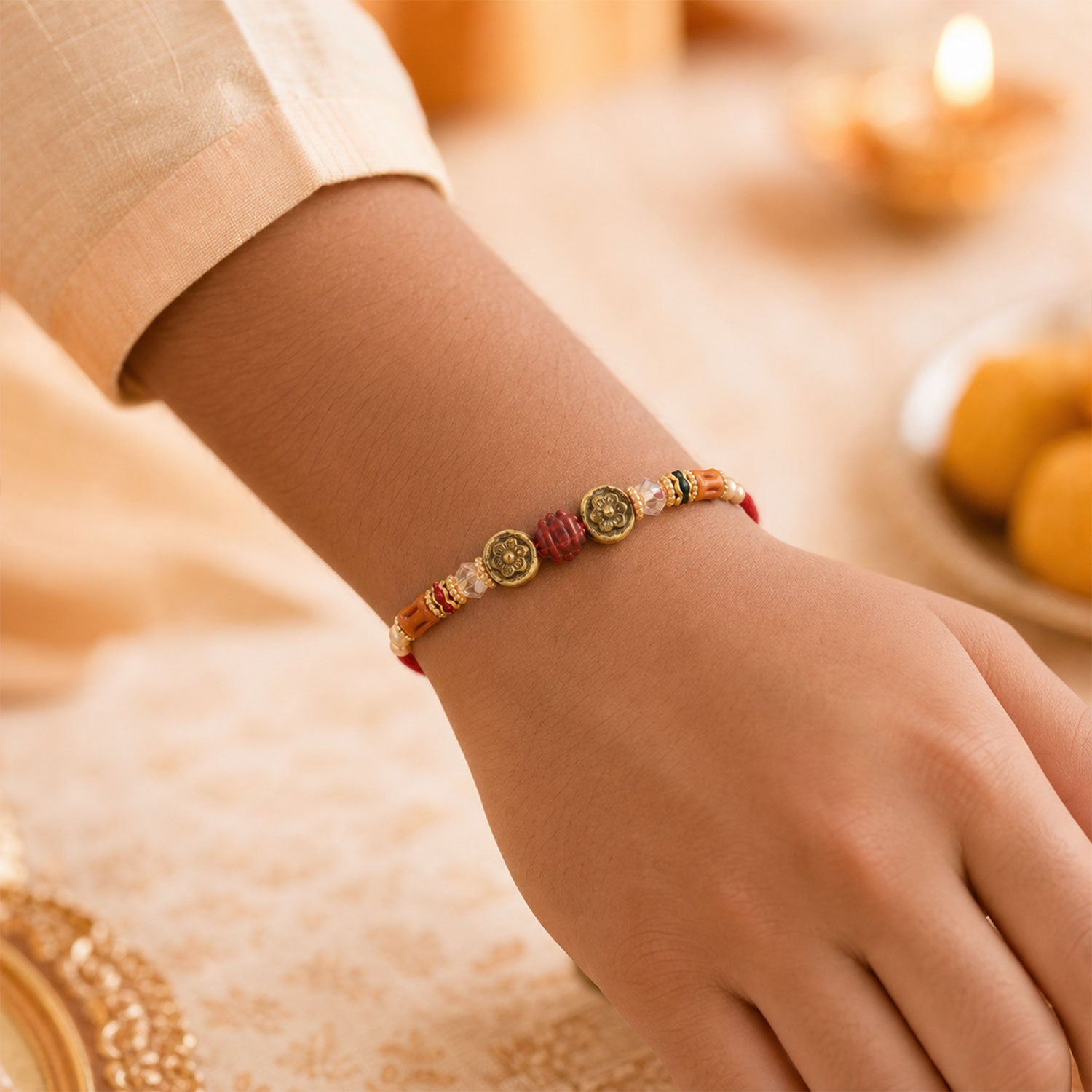 Graceful Beaded Minimal Design Bhai Bhabhi Rakhi with Beads and Charm for Gifting