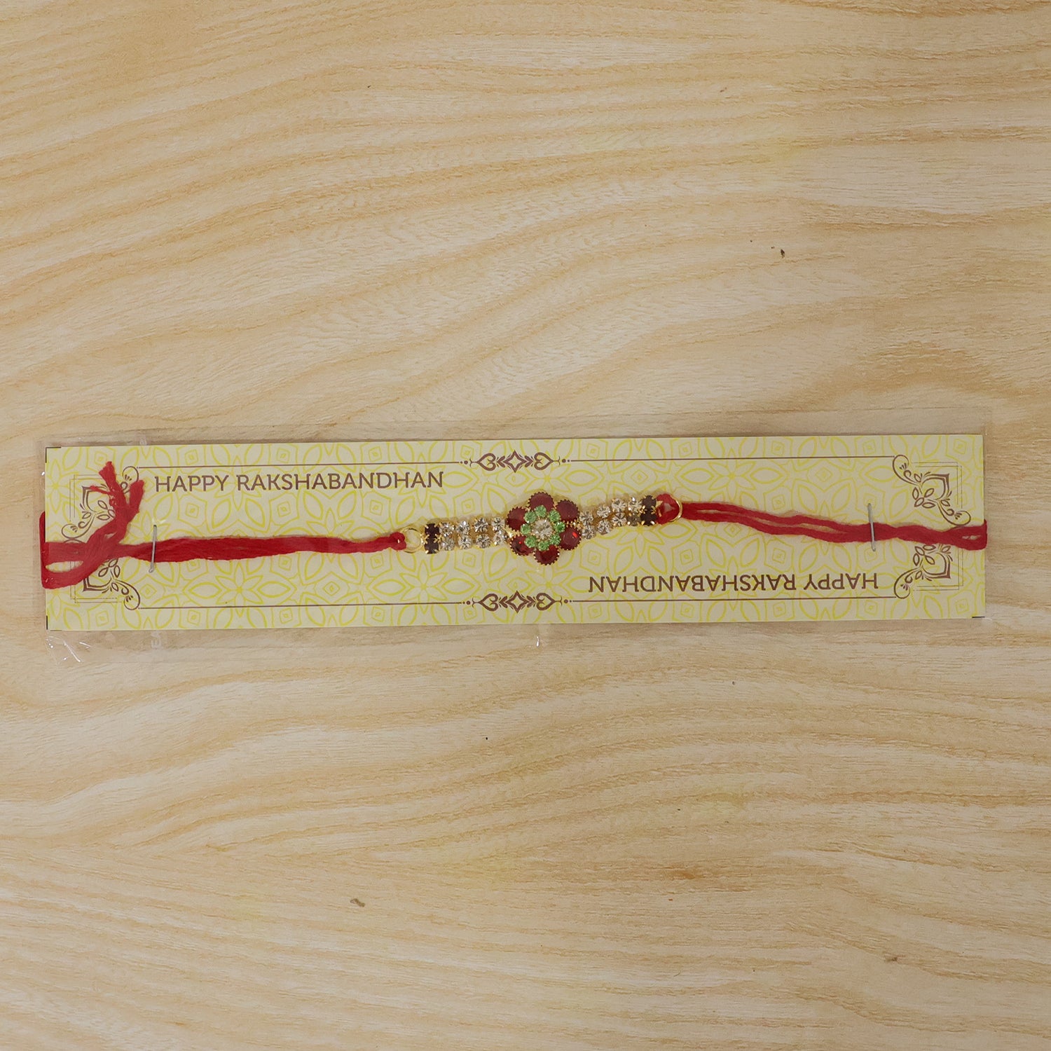 Red Floral Kundan Bracelet Rakhi with Crystal Line and Pearl Ends
