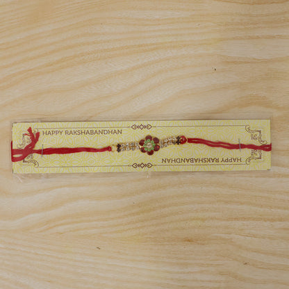 Red Floral Kundan Bracelet Rakhi with Crystal Line and Pearl Ends