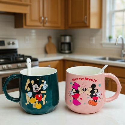 Cartoon Couple Printed Ceramic Mug Set of 2 with Spoons Gift Set (Design may vary)