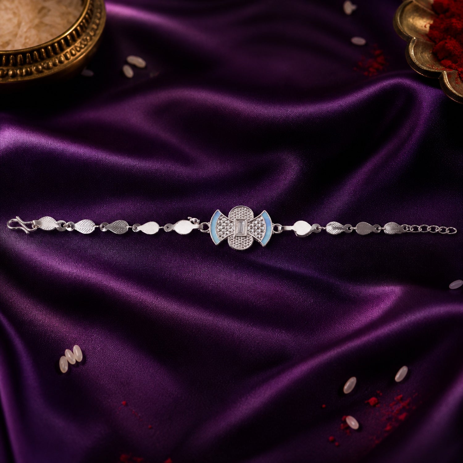 Stylish meenakari Silver Filigree Enamel Studded Petal Chain Rakhi