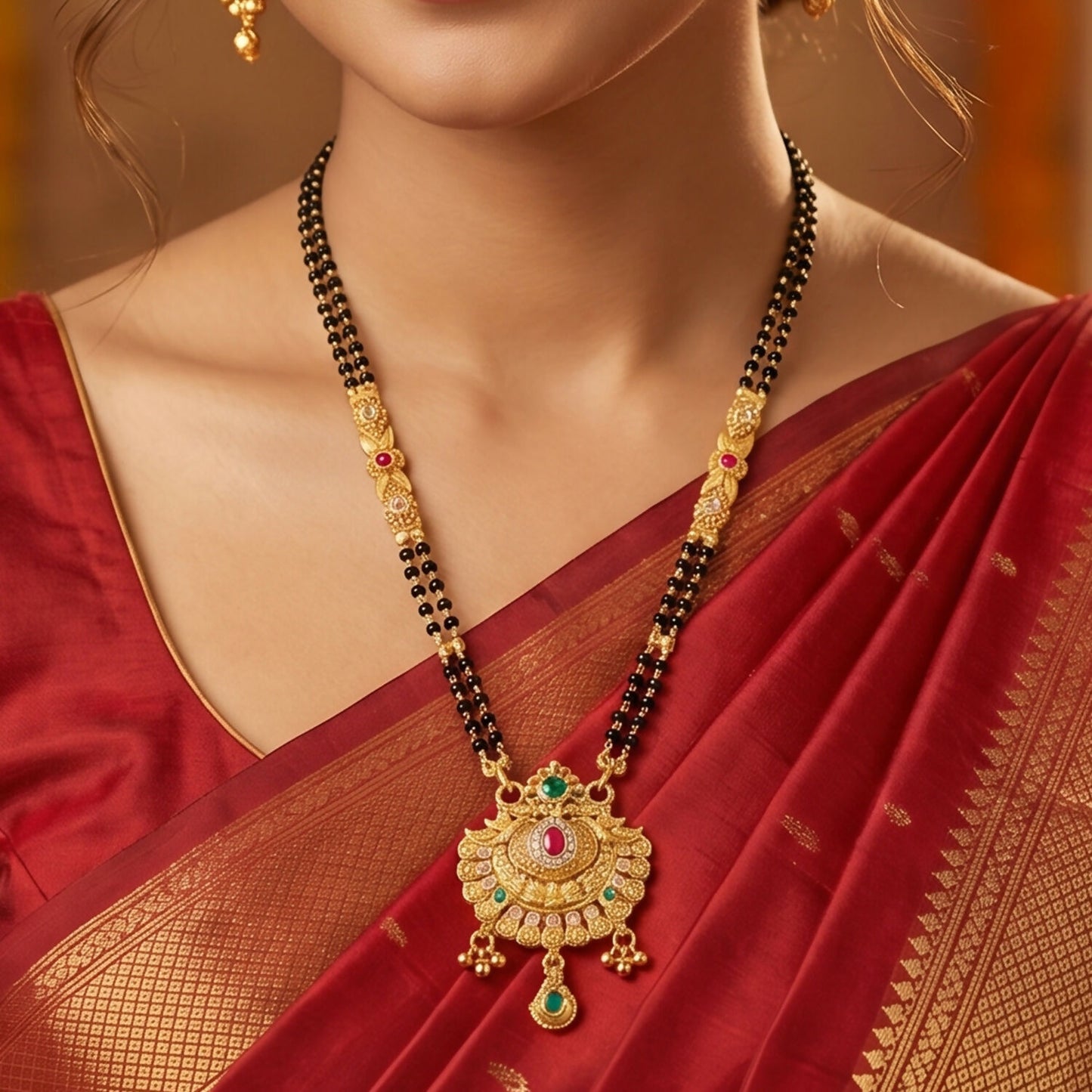 Antique Finish Lotus Peacock Fan Pendant with Multi-Petal Enamel Extra Long Double Strand Mangalsutra