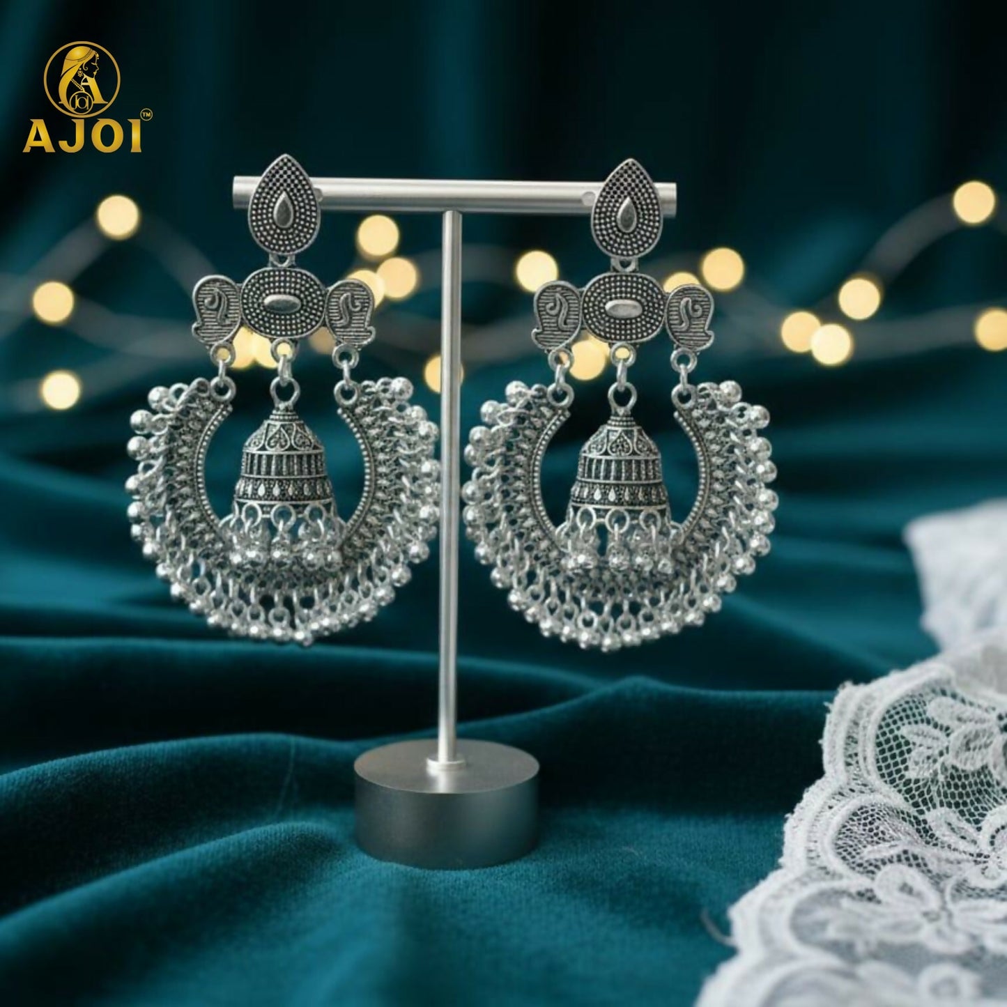 Antique Silver Oxidized Statement Chandbali Jhumka Earrings