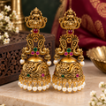 Antique Gold Lakshmi Jhumka Earrings with Peacock Design, Multicolor Stones & Pearls