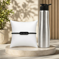 Personalized Name Engraved Black Rakhi & Stainless Steel Sipper Bottle Combo for Bhai