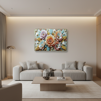 Premium 3D Floral Wall Art Panel – Luxury Golden Frame Home Decor