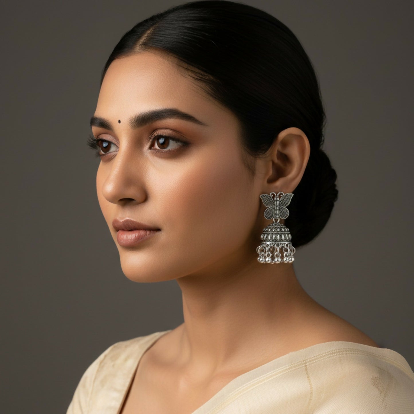 Stylish Oxidised Silver Butterfly Jhumka Earrings
