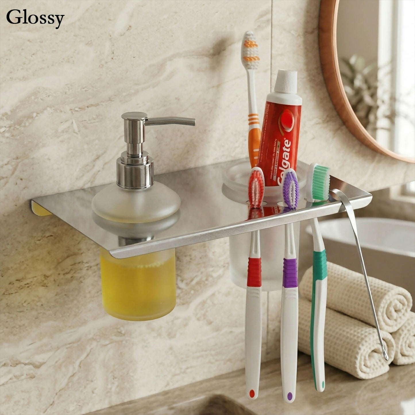 Premium Stainless Steel Wall Mounted Bathroom Shelf with Soap Dispenser & Toothbrush Holder