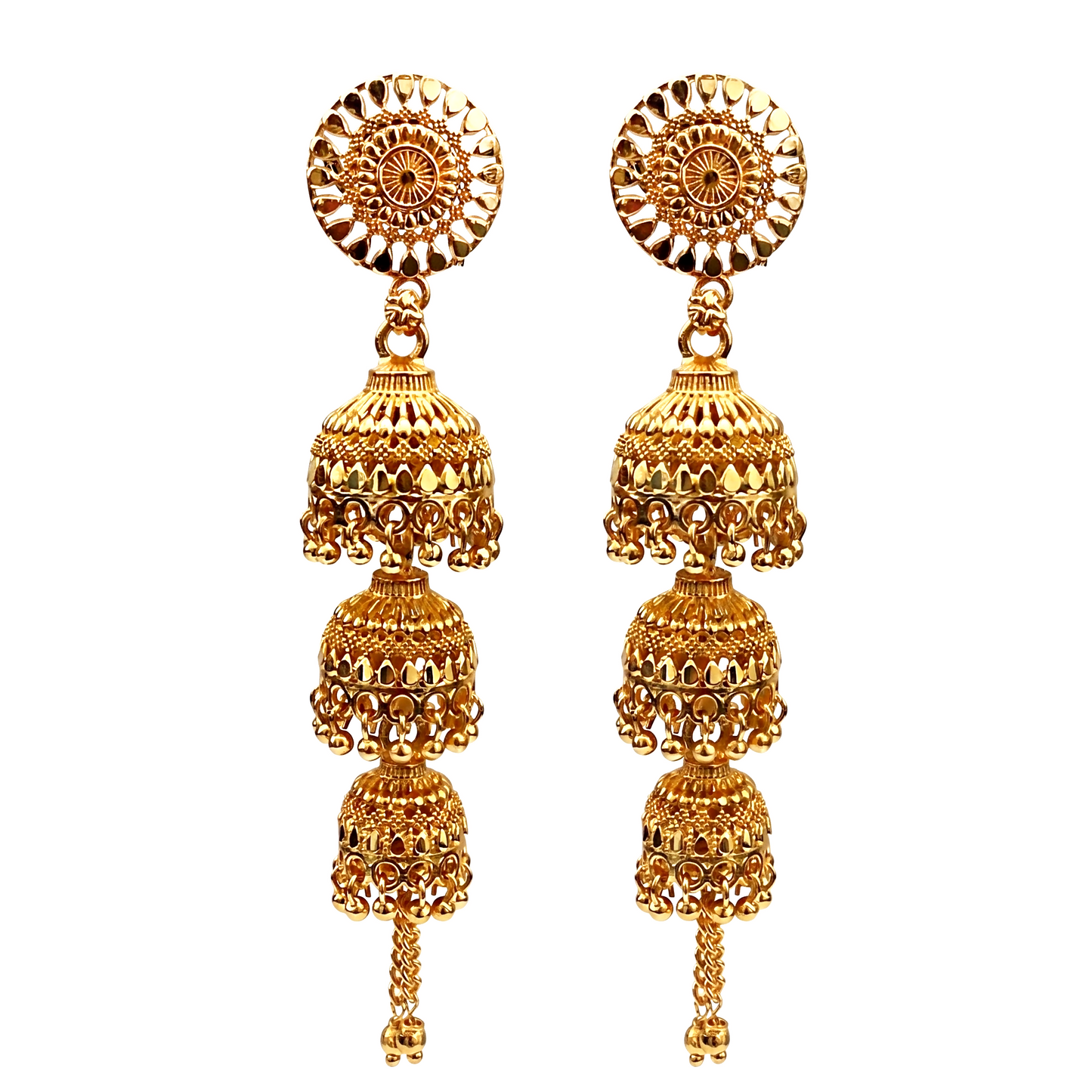 Side view of elegant gold jhumki drop earrings