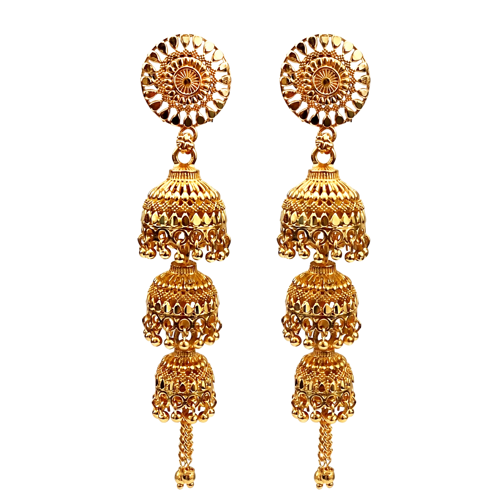 Side view of elegant gold jhumki drop earrings