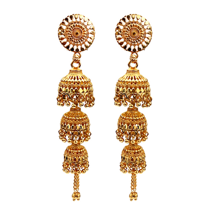 Side view of elegant gold jhumki drop earrings
