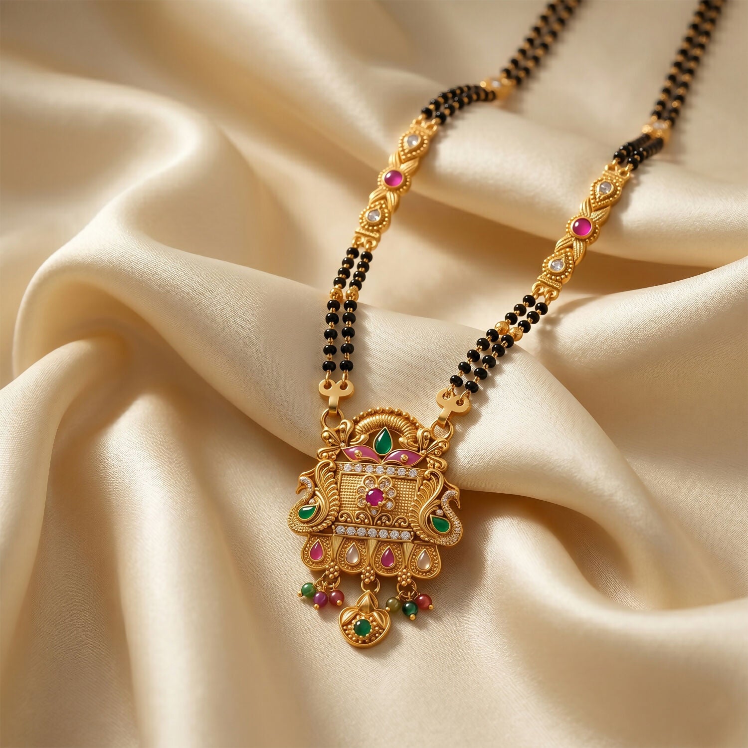 Rajwadi Temple Gate Pendant with Pink Leaf & Emerald Drops Long Double Strand Mangalsutra