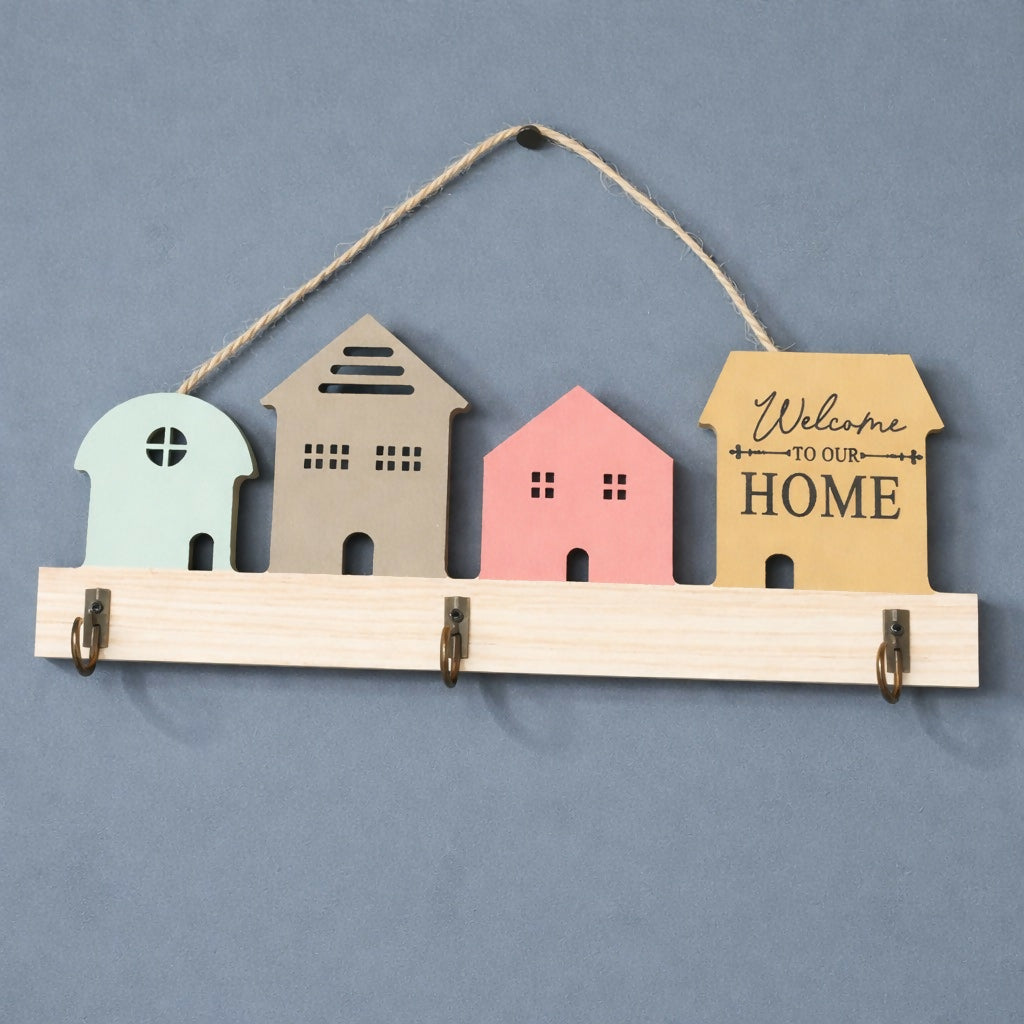 Wooden House Design Key Holder Wall Mount with 3 Hooks