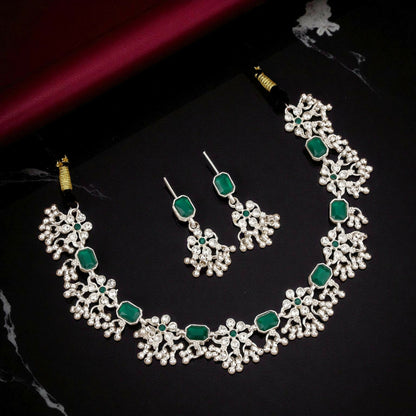 Oxidized Silver Green Teardrop Scallop Choker Set