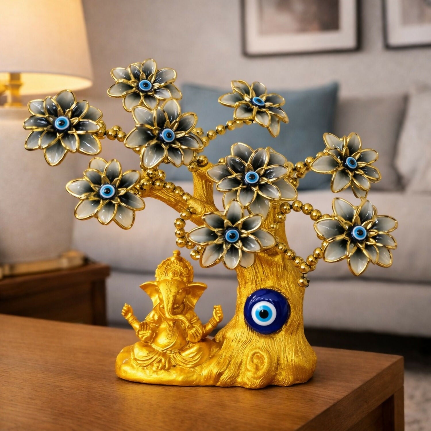 Golden Ganesh Tree with Evil Eye | Decorative Showpiece for Home & Office