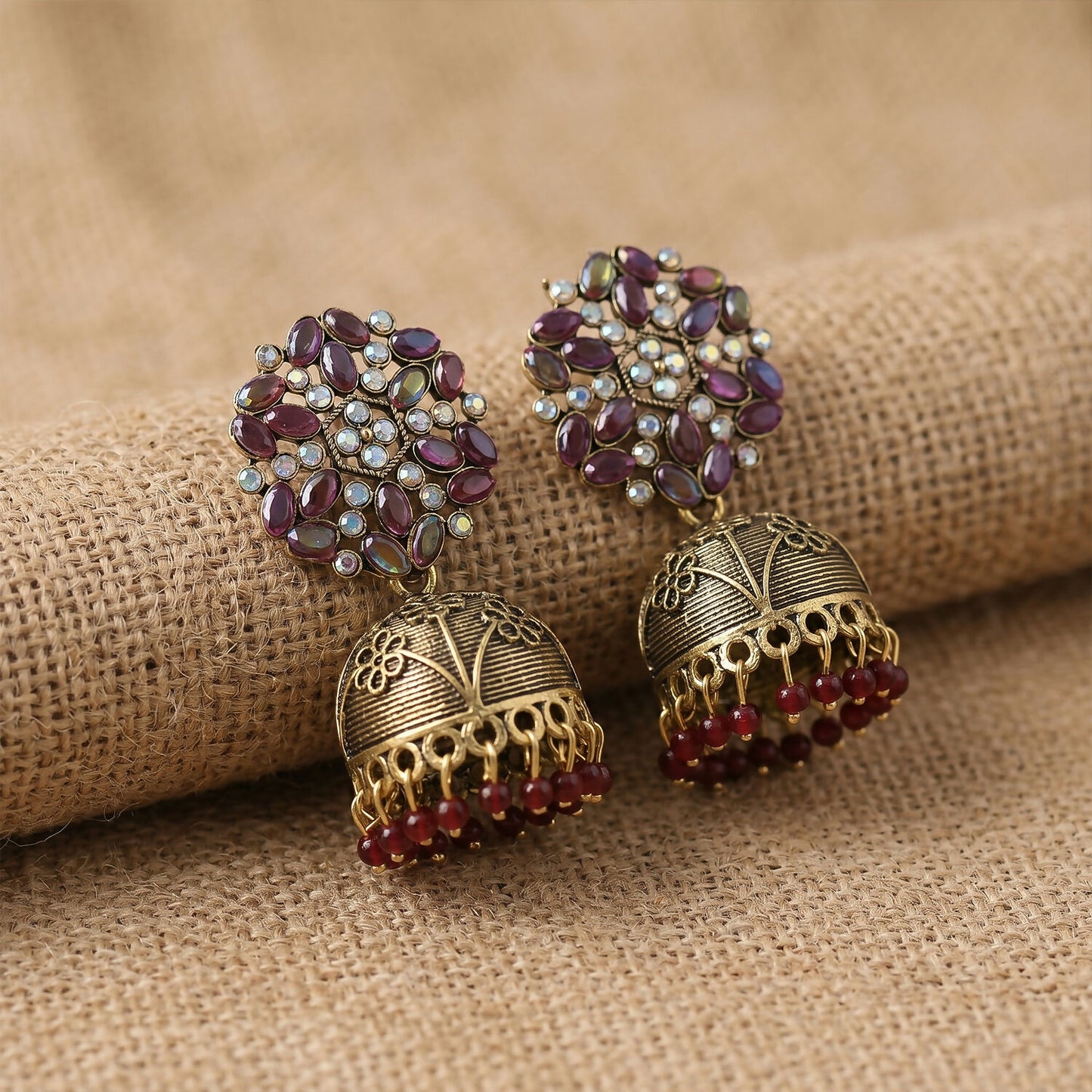 Close-up of Purple Stone Floral Jhumka Earrings