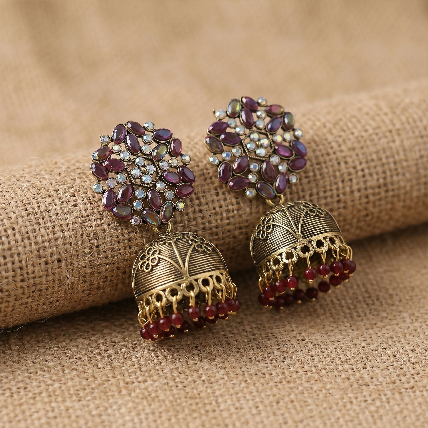 Close-up of Purple Stone Floral Jhumka Earrings