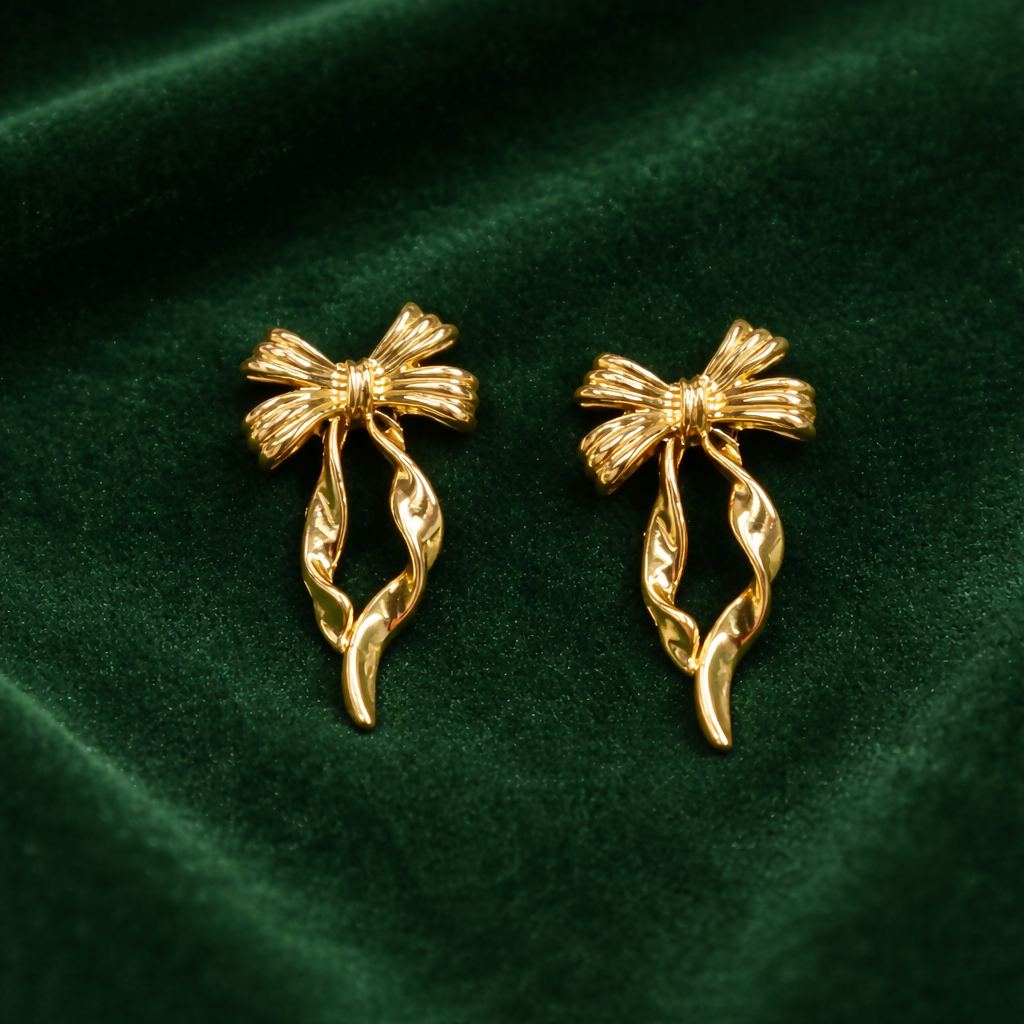 Gold-plated bow design drop earrings front view