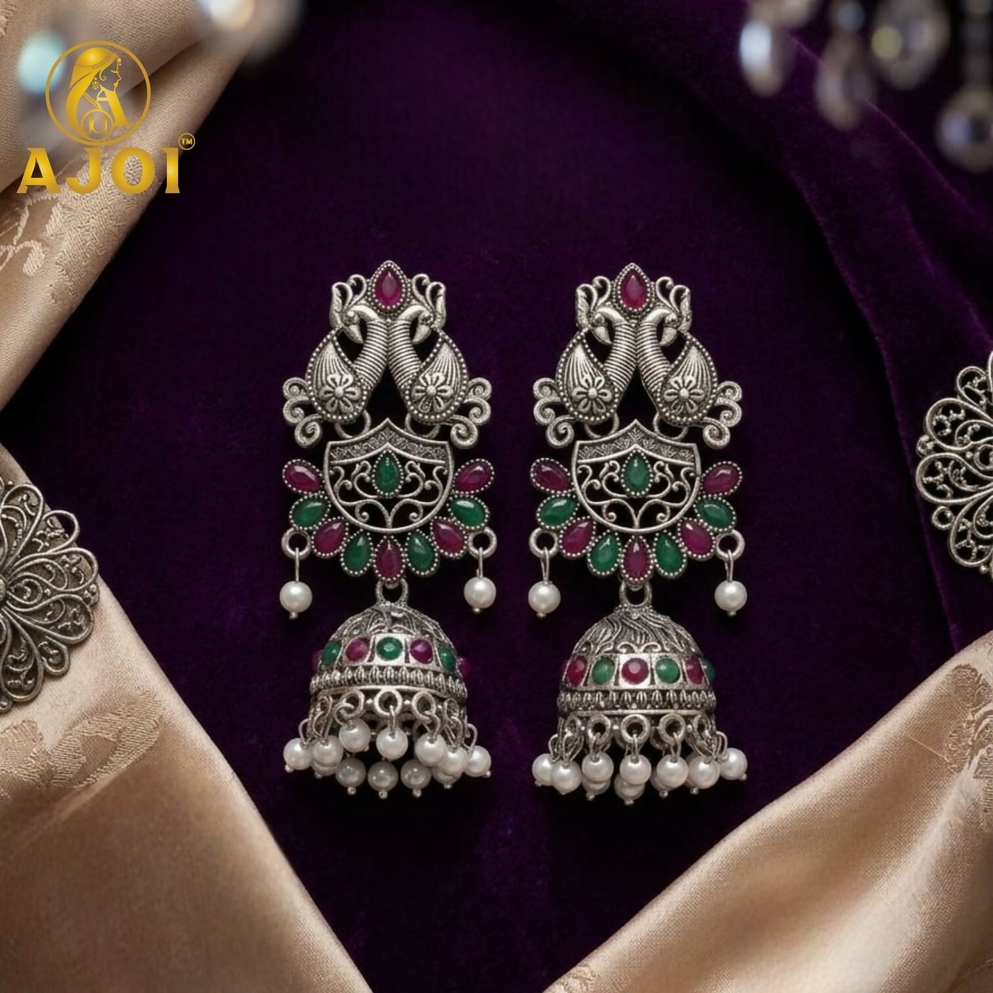Oxidized Silver Peacock Jhumka Earrings with Ruby Green Stones & Pearls