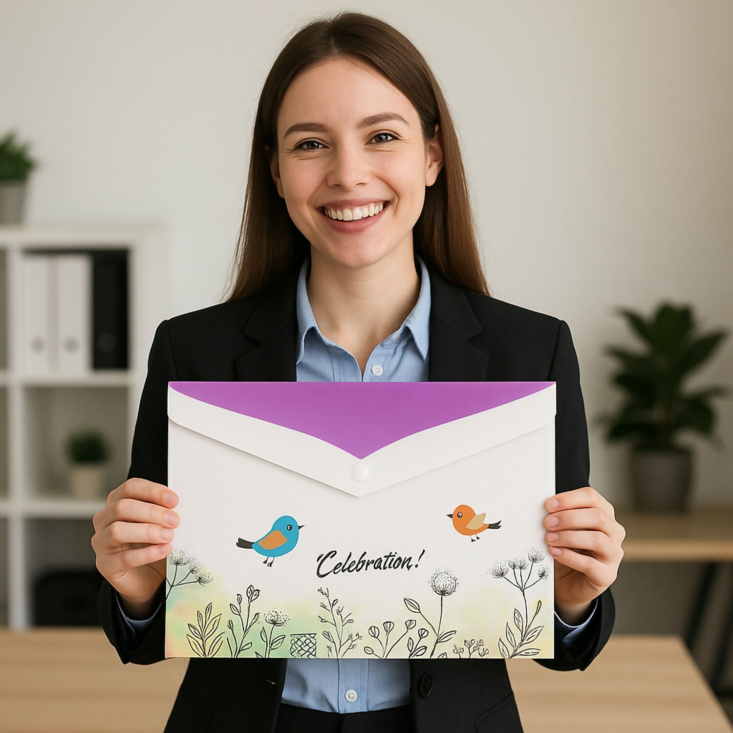 Mix Design Printed A4 Document Folder – Decorative Button Closure File with Bird & Floral Design (1 Pc)