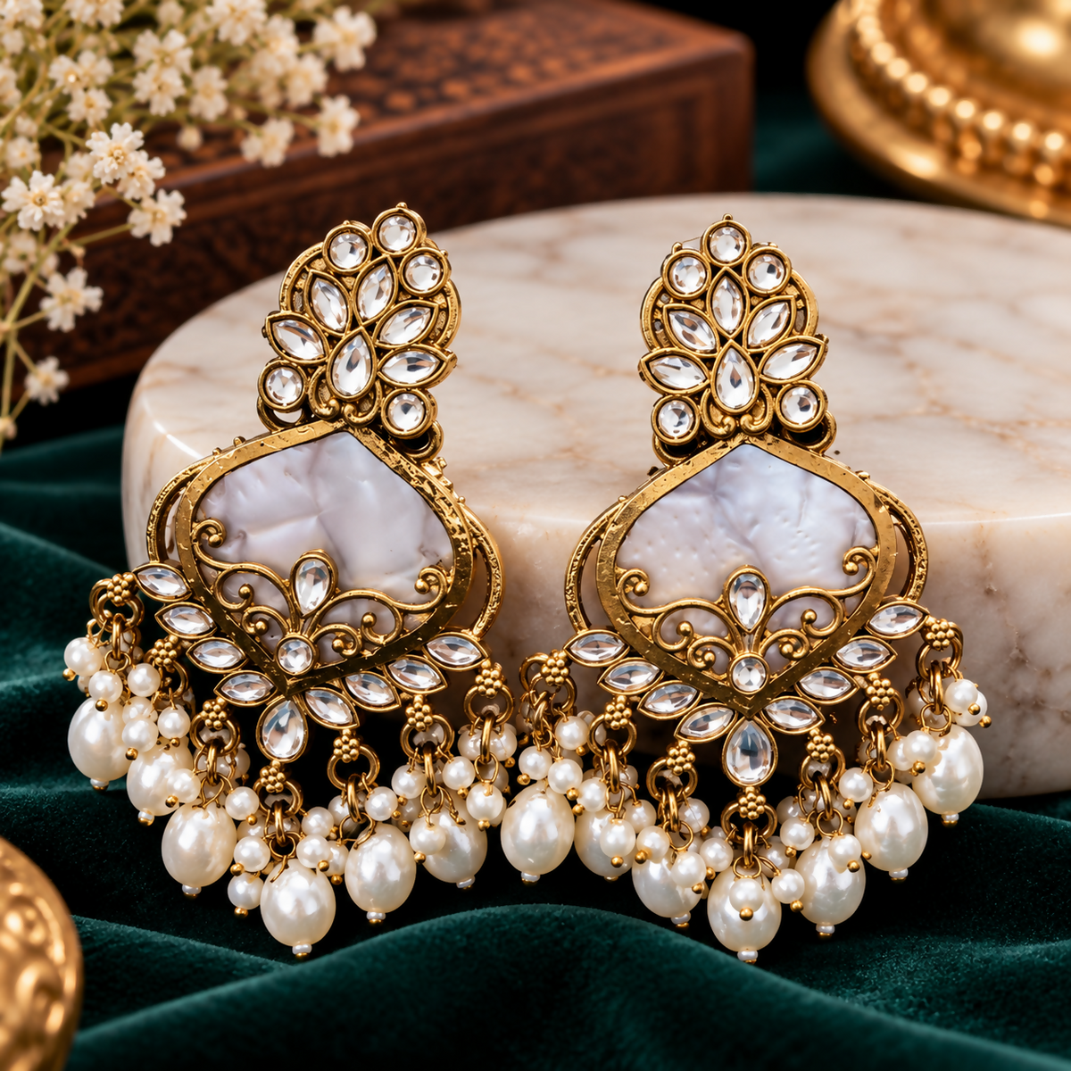 Antique Gold Tone Chandelier Earrings with Mother of Pearl Design, Crystal Stones and Pearl Bead Drops,