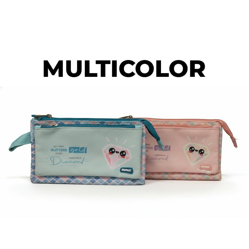 Cute Multicolor Pencil Pouch for Girls & Boys | Diamond Design | Multi-Pocket Zipper Stationery Case for School & Office
