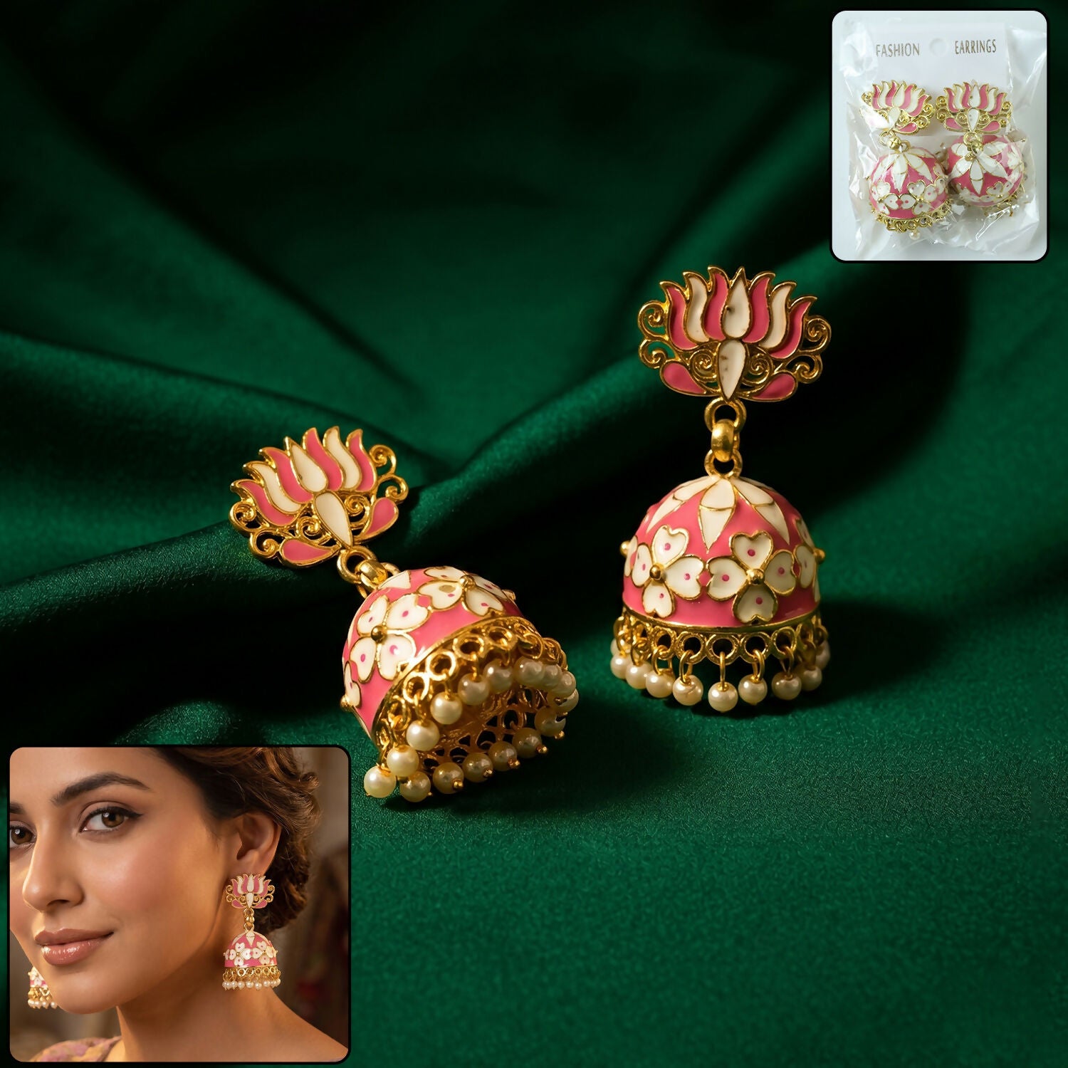Pink Lotus Jhumka Earrings with Pearls for Women