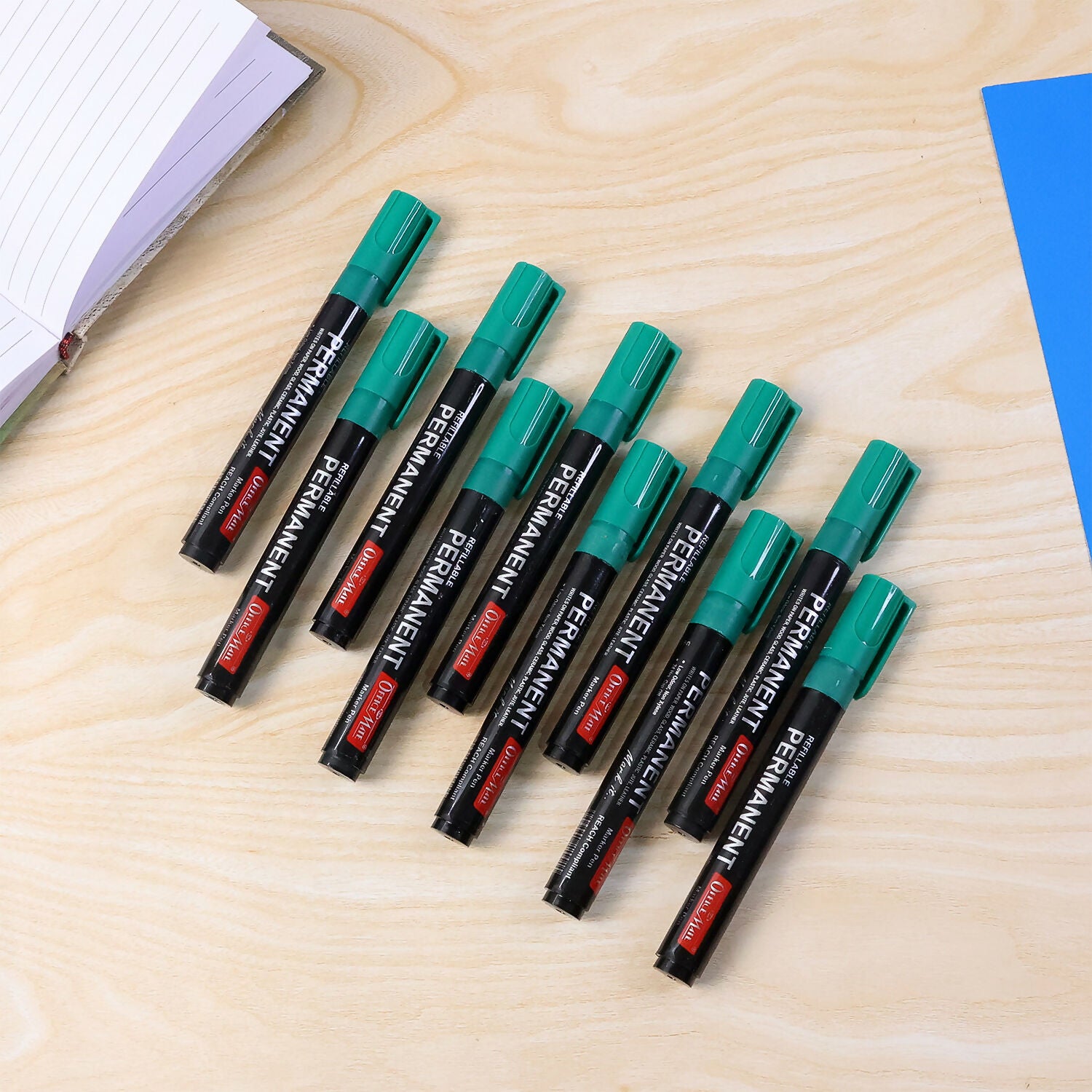 Refillable Permanent Marker Pen – Green Ink, 10 Piece Combo