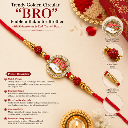 A red thread bracelet with a golden circular "BRO" charm, surrounded by rhinestones and red carved beads, with product