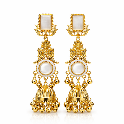 Gold tone pearl and stone jhumka earrings detail shot