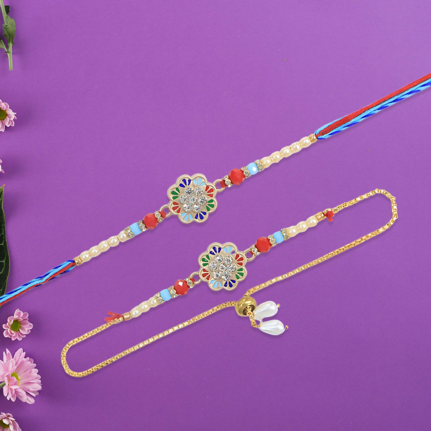 Elegant Bhai Bhabhi Rakhi with floral multicolor dial and pearl beads