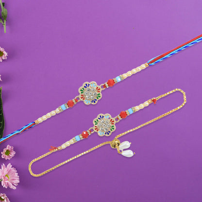 Elegant Bhai Bhabhi Rakhi with floral multicolor dial and pearl beads