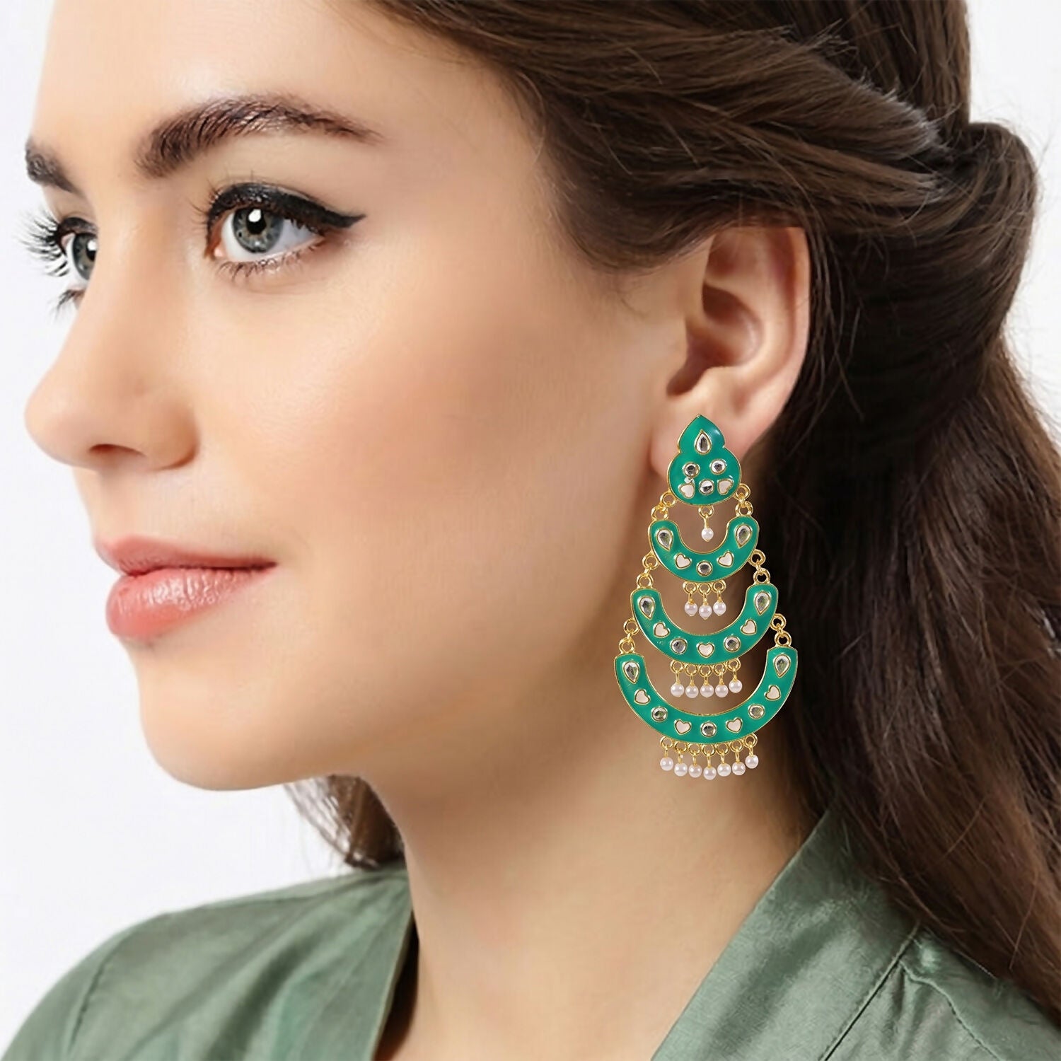 Grand Sea Pista Layered Chandbali Earrings with Pearl Drops