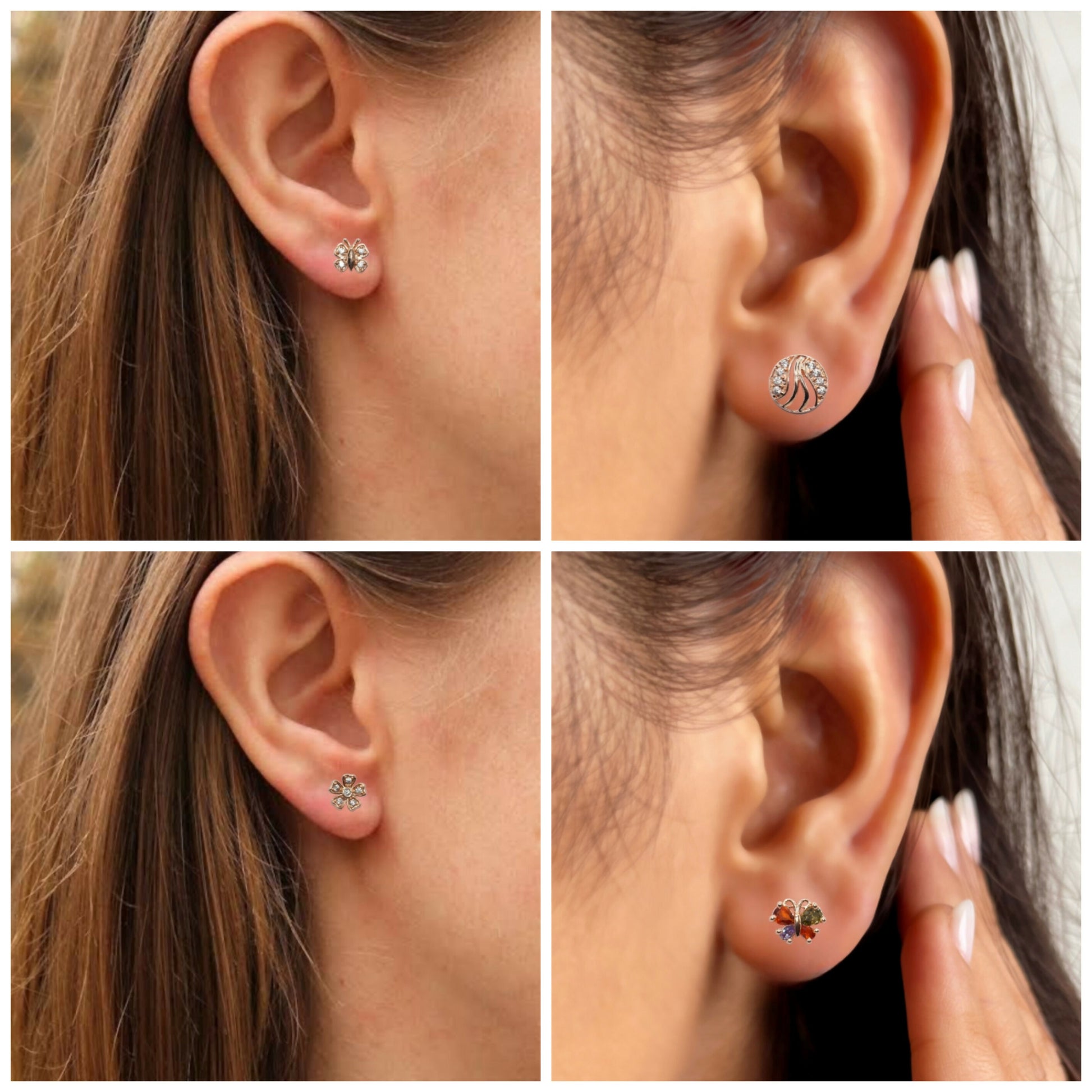 Sparkling Rose Gold Stud Earrings Set - Butterfly & Flower Designs for women and girls Combo Pack of 4